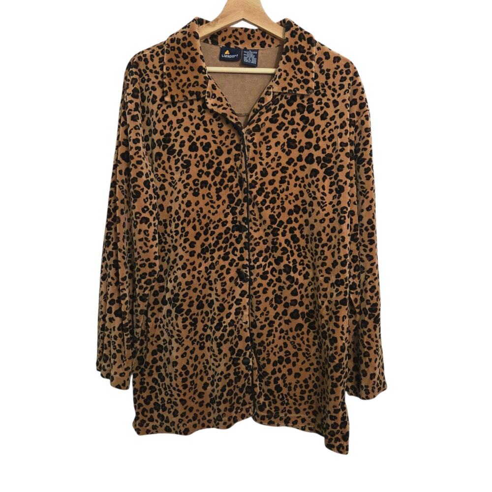 Vintage 90s Lizsport Liz Claiborne Leopard Velour Button Up Shirt LARGE - flaw
